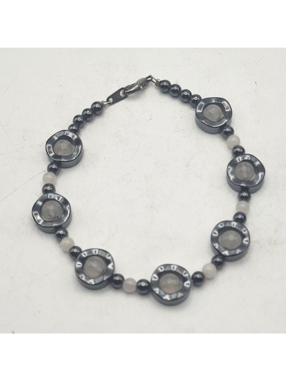 Smoky Quartz Hematite White Beaded Bracelet Black Gray Gemstone Clasp 7.5 Inch